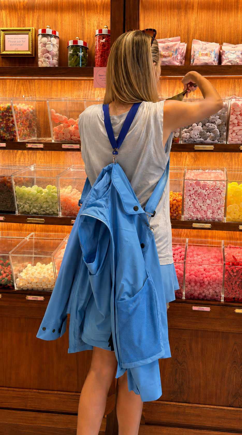 At the candy store, hands free