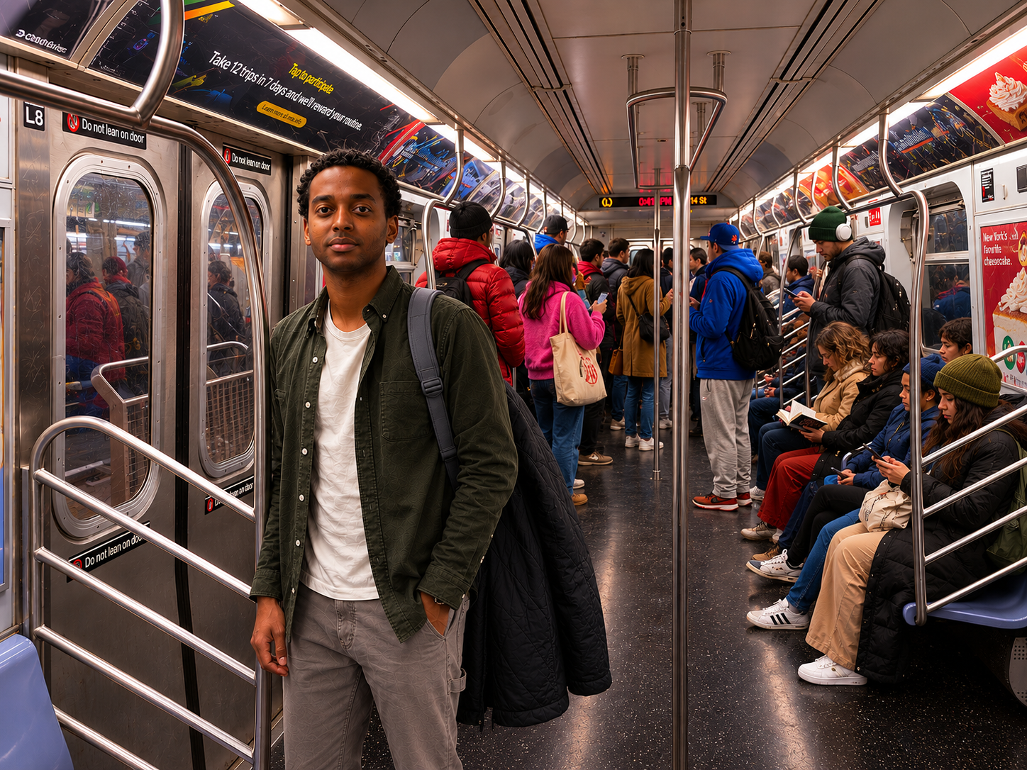 On the subway, hands free